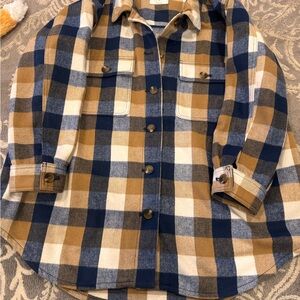 Old Navy Plaid Button-Up Shirt Jacket in Navy, Camel & White
